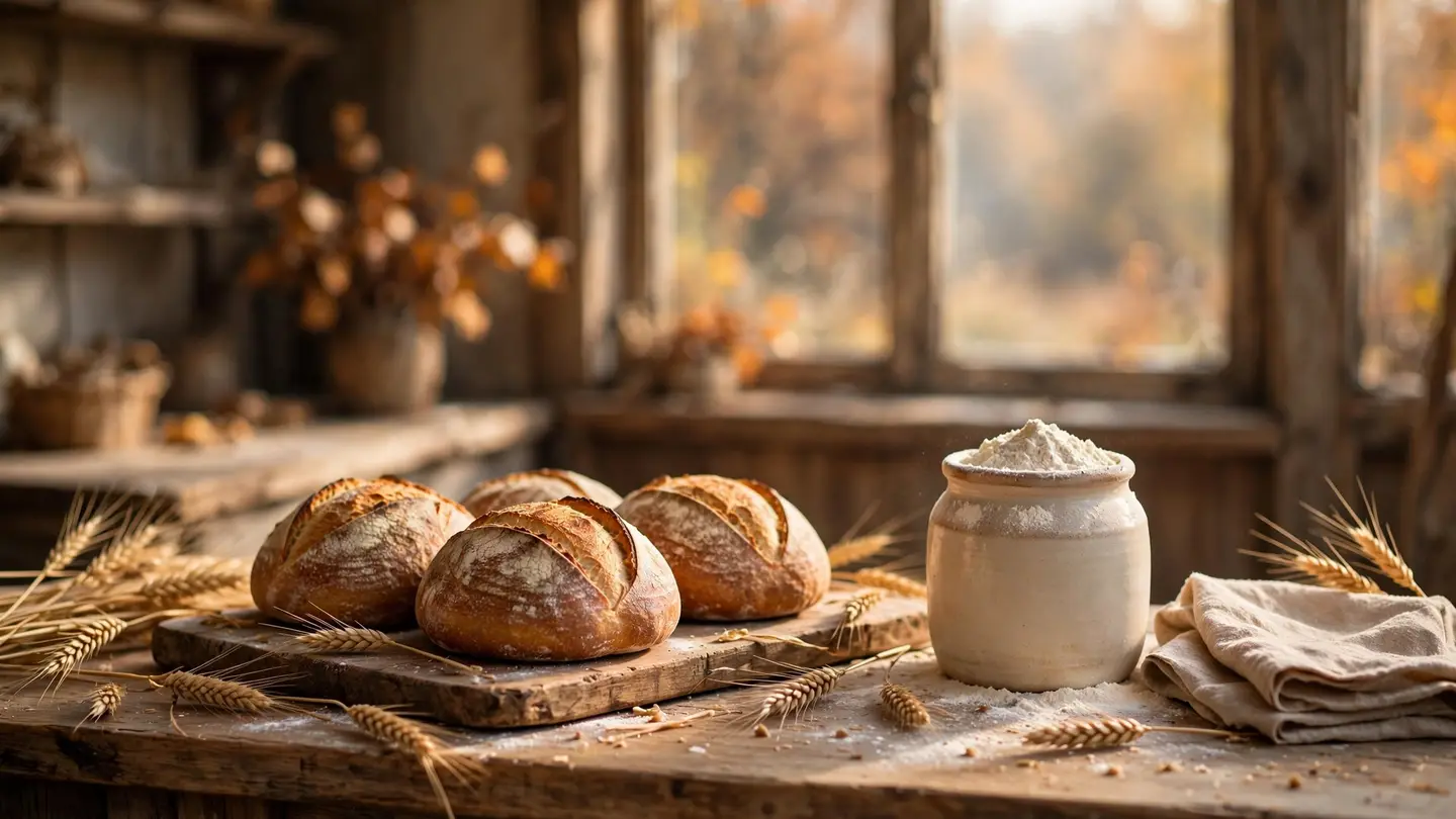 An AI-generated bakery counter with round sourdough loaves, wheat stalks and a jar of flour in warm autumn window light