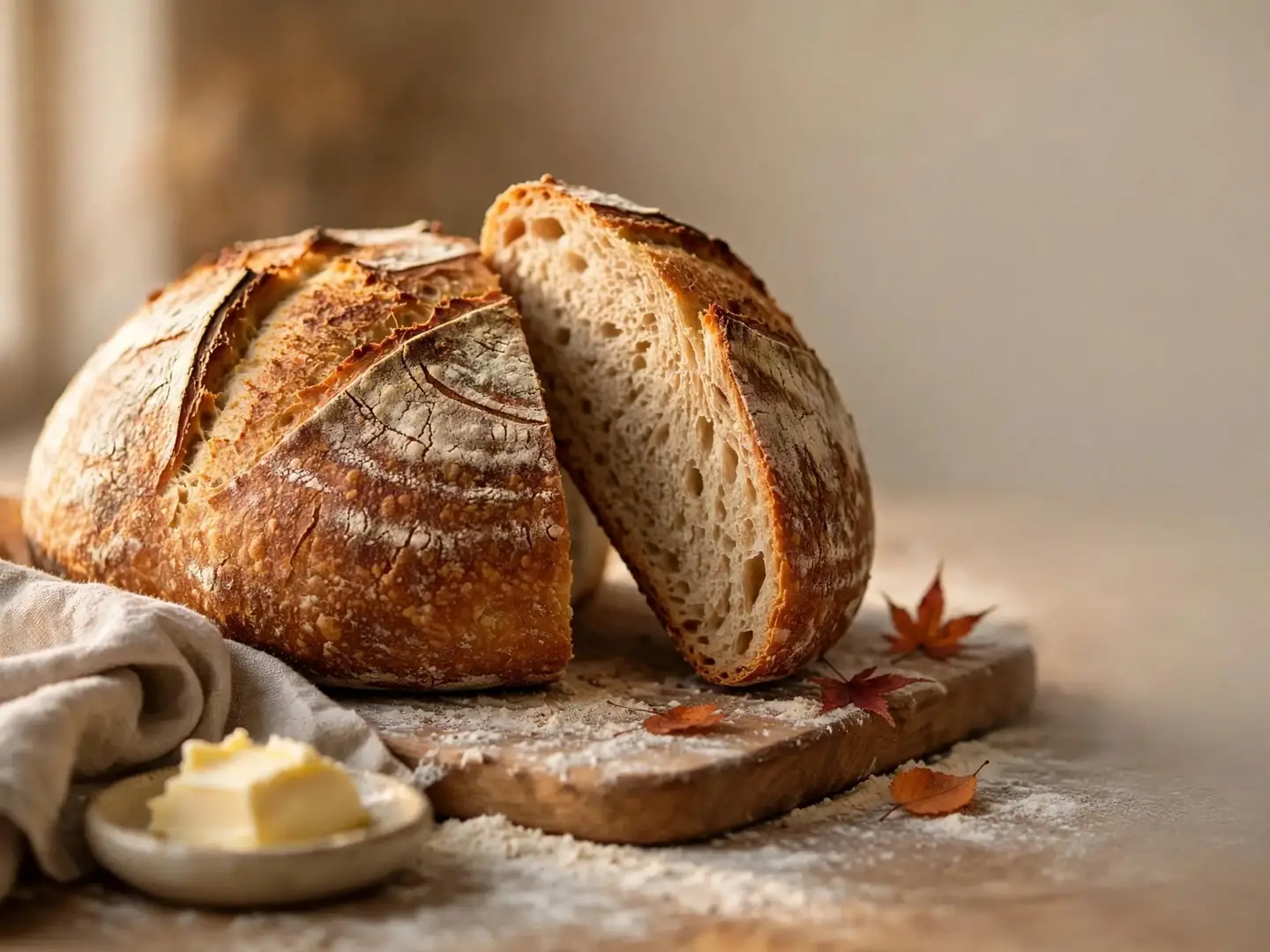The same AI-generated sourdough loaf, now with a few small red and orange autumn leaves scattered on the board and table