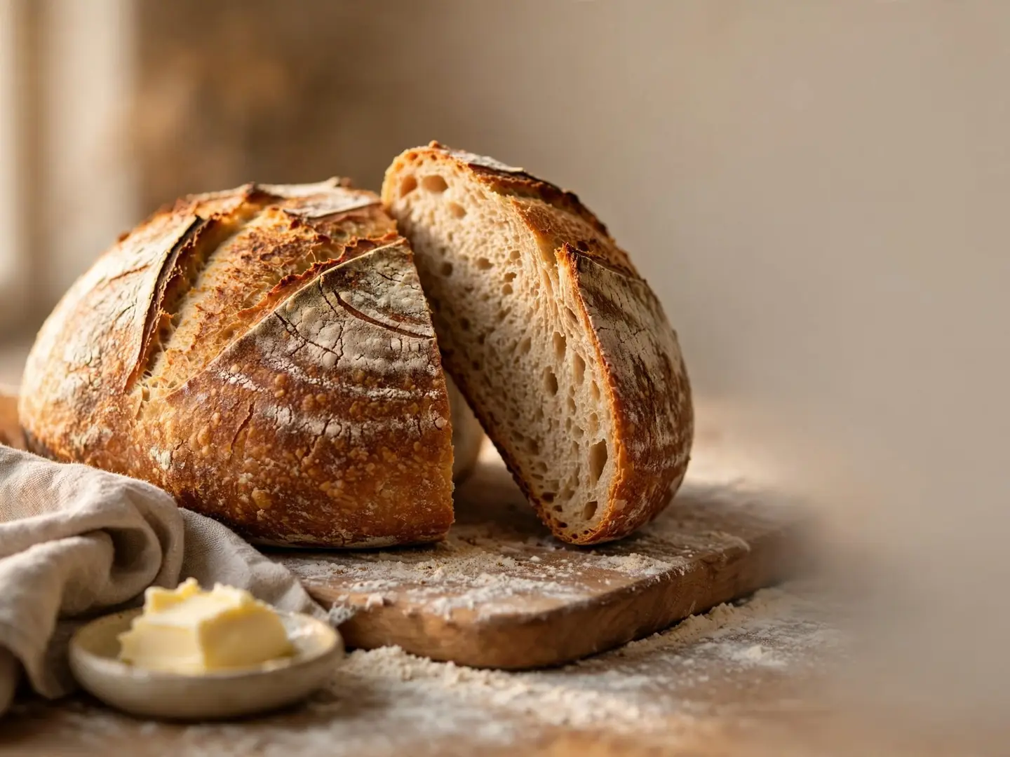 An AI-generated round sourdough loaf cut open on a floured wooden board, with a linen towel and a dish of butter, warm side light and empty space on the right
