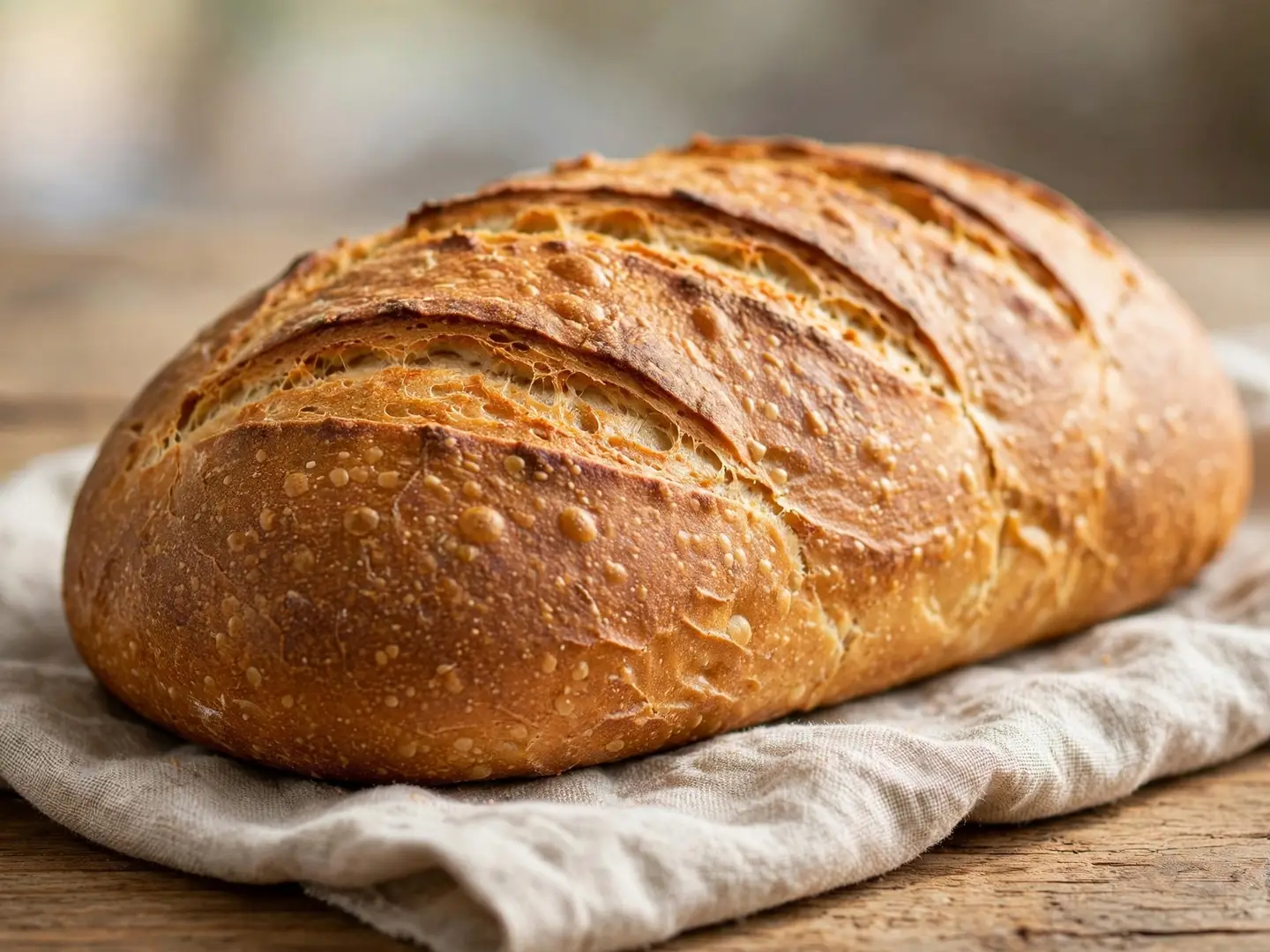 An AI-generated close-up of an oval crusty loaf of bread on a linen cloth, blurred background