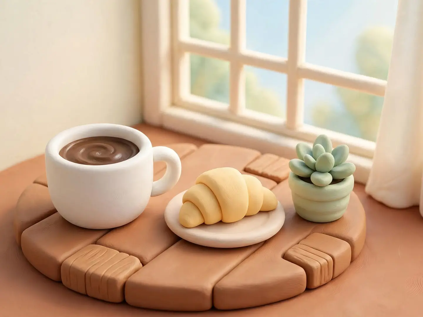 An AI-generated 3D clay-style scene of a white mug of cocoa, a pale croissant and a sage-green succulent on a table made of rounded clay planks beside a cream window