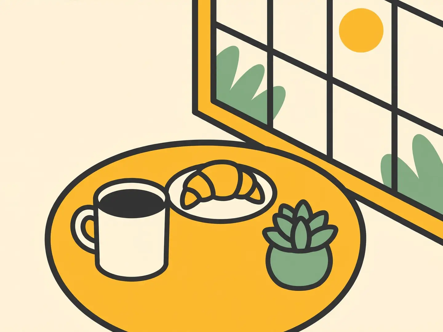 An AI-generated flat vector illustration of the mug, croissant and succulent on a mustard-yellow round table by a paned window, drawn with thick charcoal outlines and flat colors