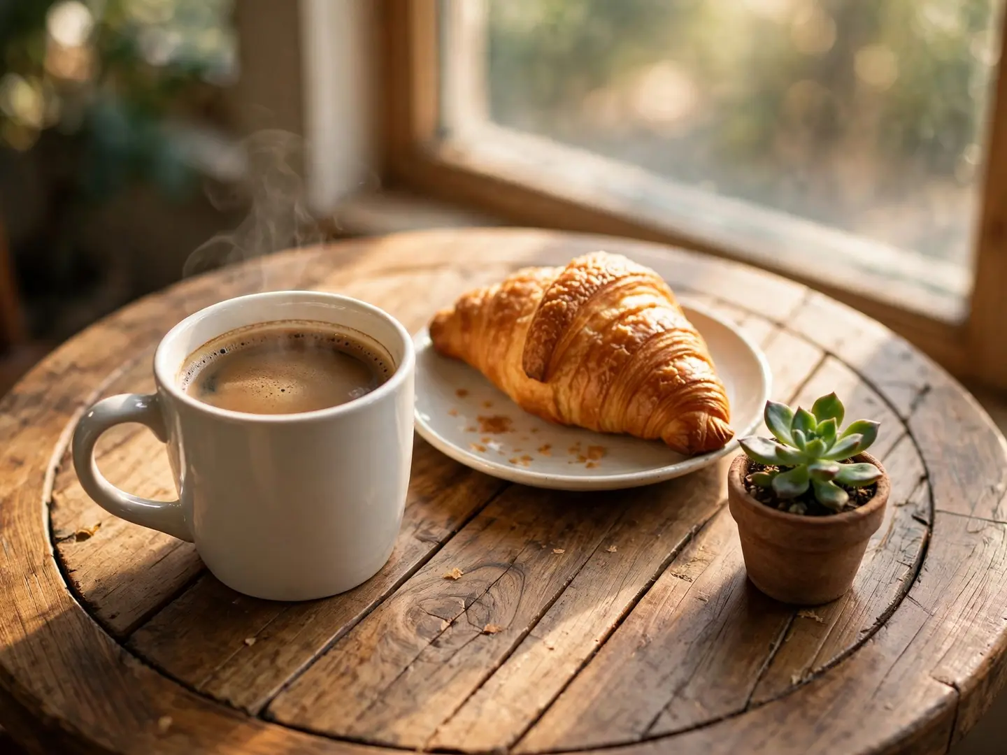 An AI-generated photoreal image of a steaming coffee mug, a croissant on a plate and a tiny succulent in a terracotta pot on a worn round wooden table by a sunlit window