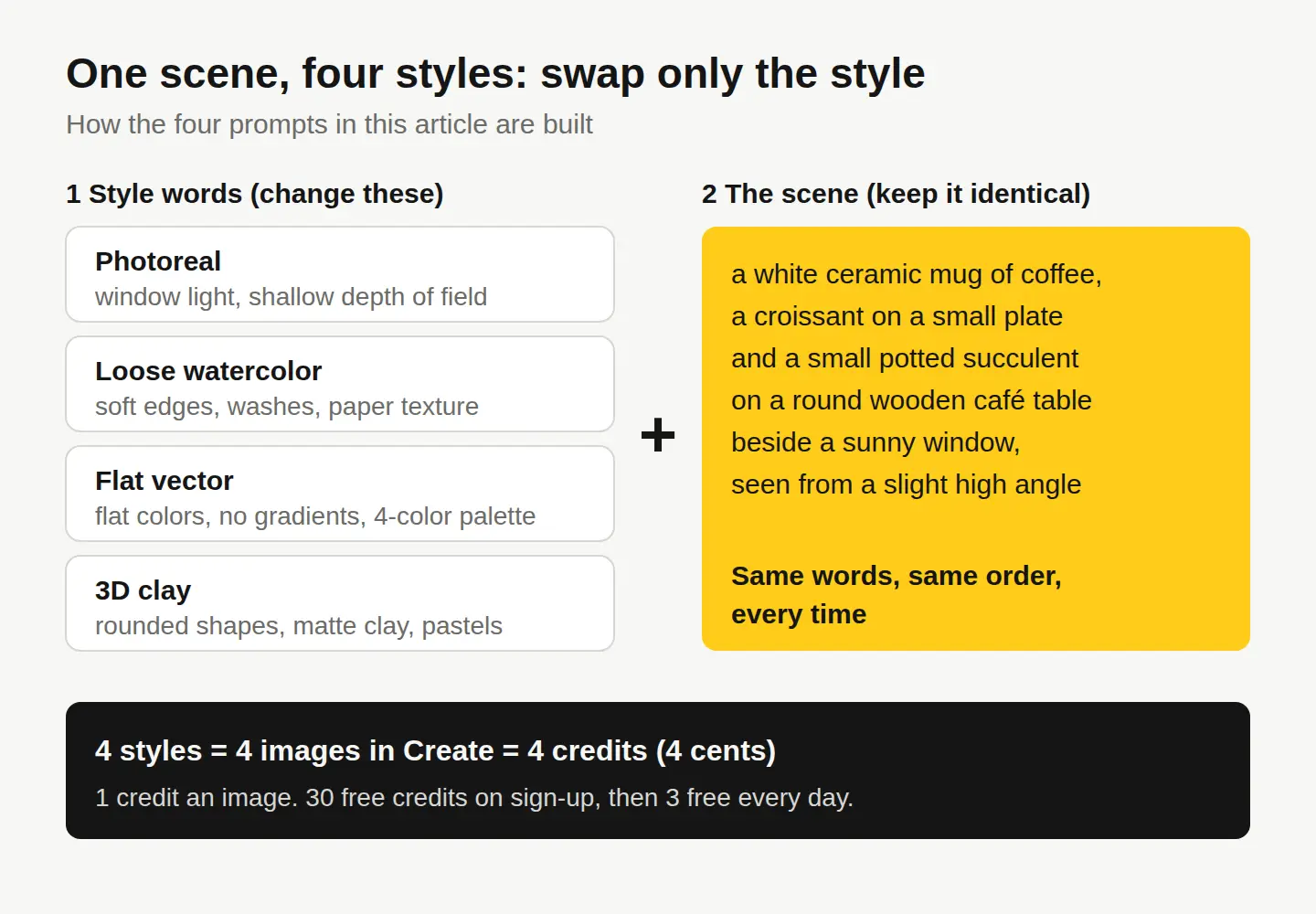 A diagram showing four style blocks, photoreal, loose watercolor, flat vector and 3D clay, each added to the same unchanged scene description