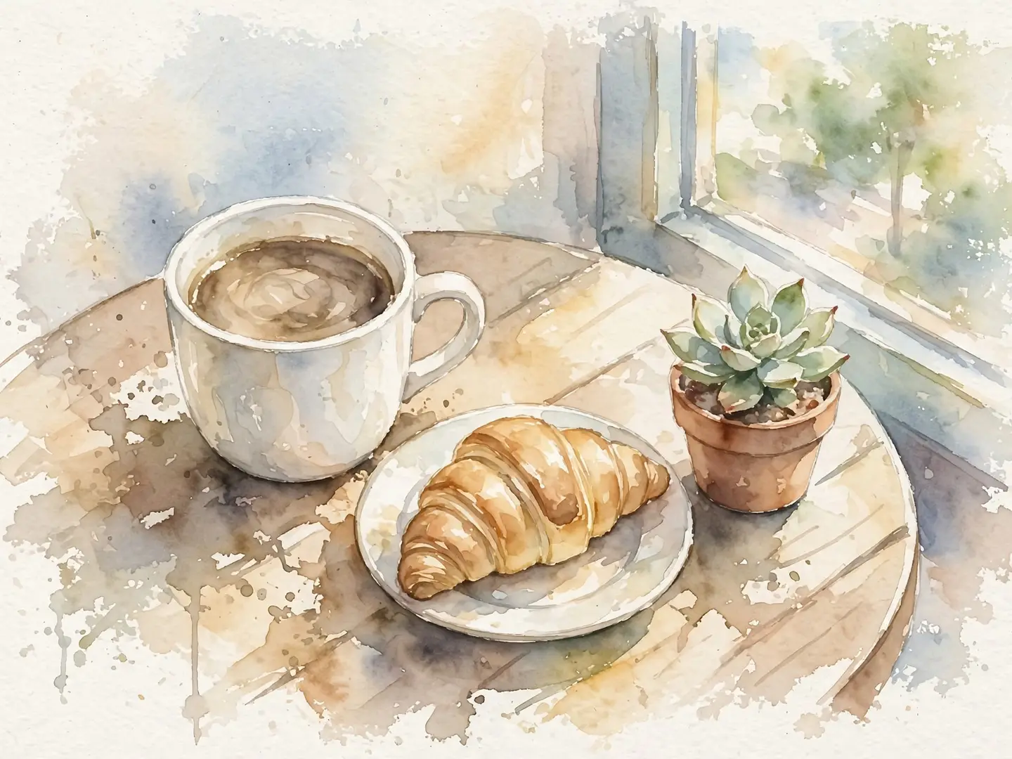 An AI-generated loose watercolor painting of the same mug, croissant and succulent on a round table by a window, with soft washes and paint splatters fading into white paper