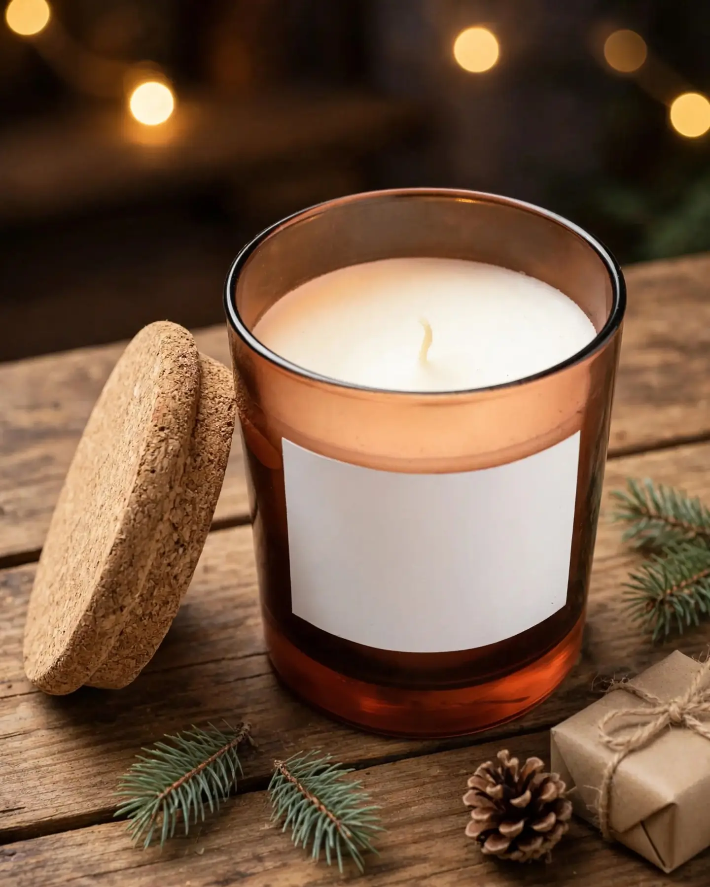 The same amber candle and cork lid on a rustic wooden table with pine sprigs, a pinecone and a small gift wrapped in brown paper, with warm blurred lights behind