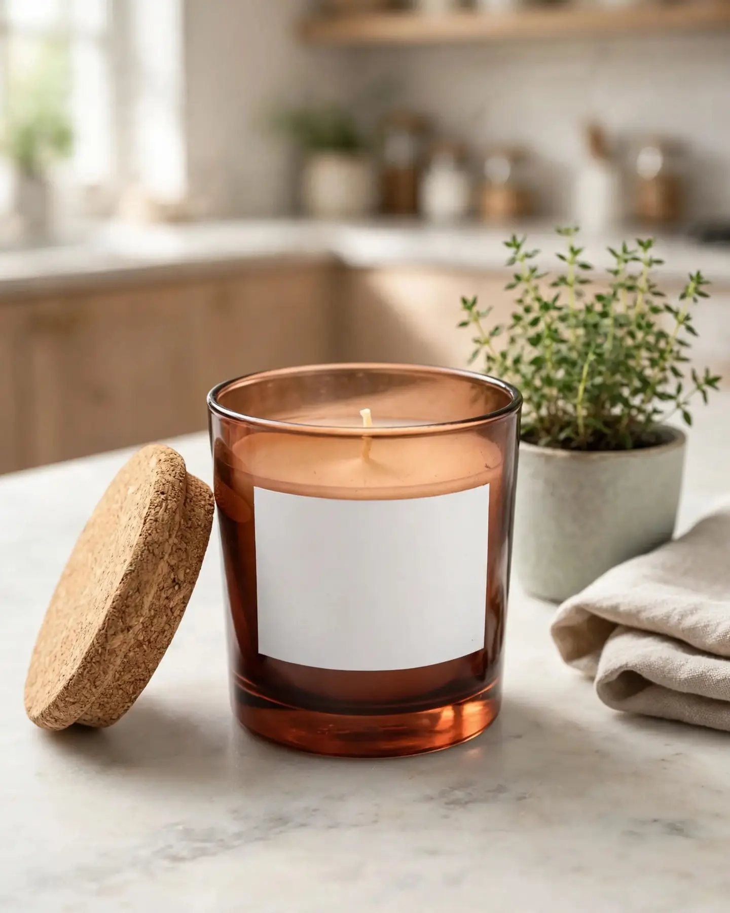 The same amber candle with its cork lid on a marble kitchen counter, next to a small pot of thyme and a folded linen towel, with a blurred kitchen behind