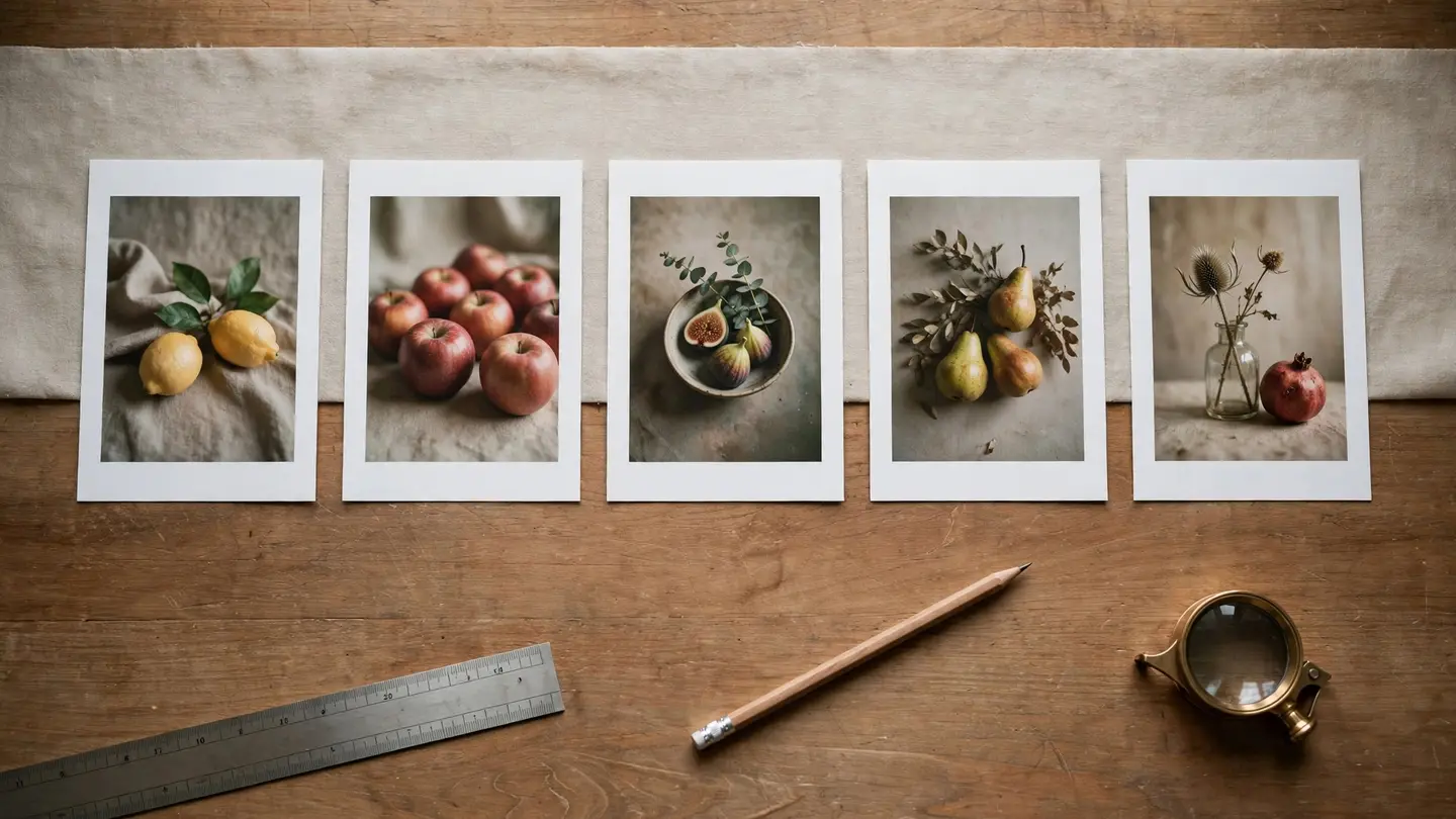A wooden desk with a row of printed test photos of fruit, a pencil, a ruler and a magnifying loupe
