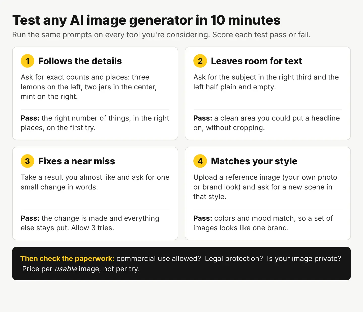 A scorecard with four AI image generator tests: follows the details, leaves room for text, fixes a near miss, matches your style, plus a paperwork check