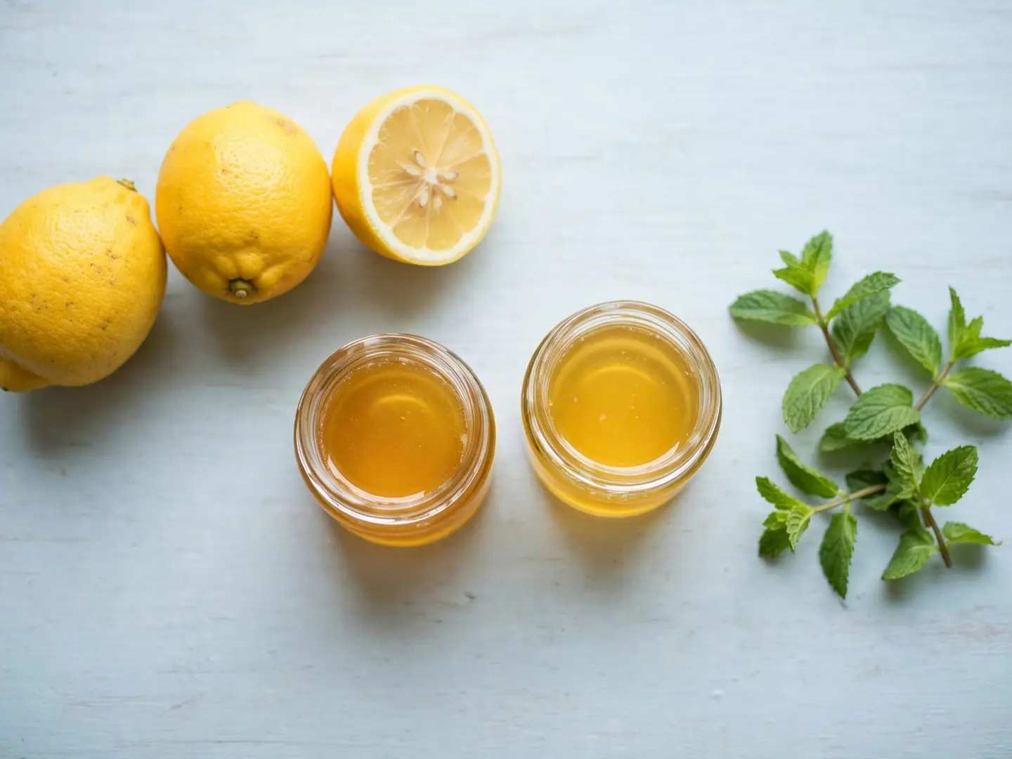 An AI-generated top-down photo of two whole lemons and a lemon half on the left, two glass jars of honey in the center and a sprig of mint on the right, on a pale blue table