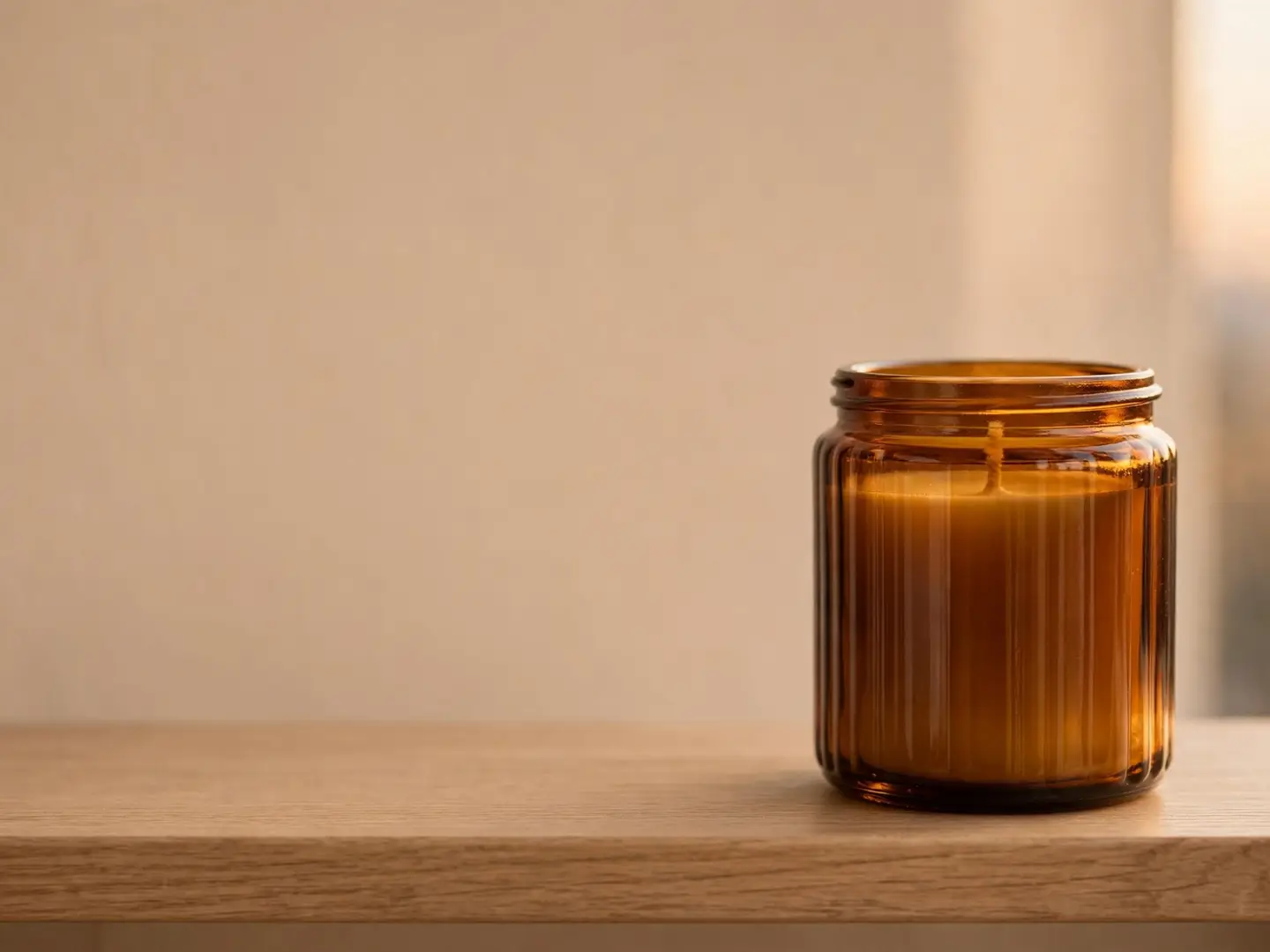 An AI-generated photo of an amber glass candle jar on an oak shelf in the right third of the frame, with a plain beige wall filling the left half