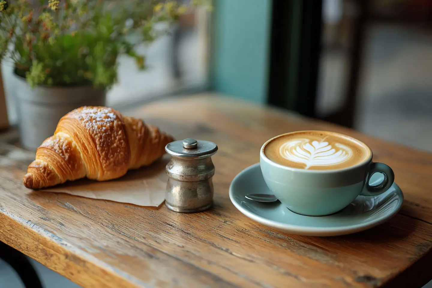 A latte with a leaf pattern in a pale blue cup next to a croissant on brown paper and a small metal sugar shaker, on a worn wooden café table by a window
