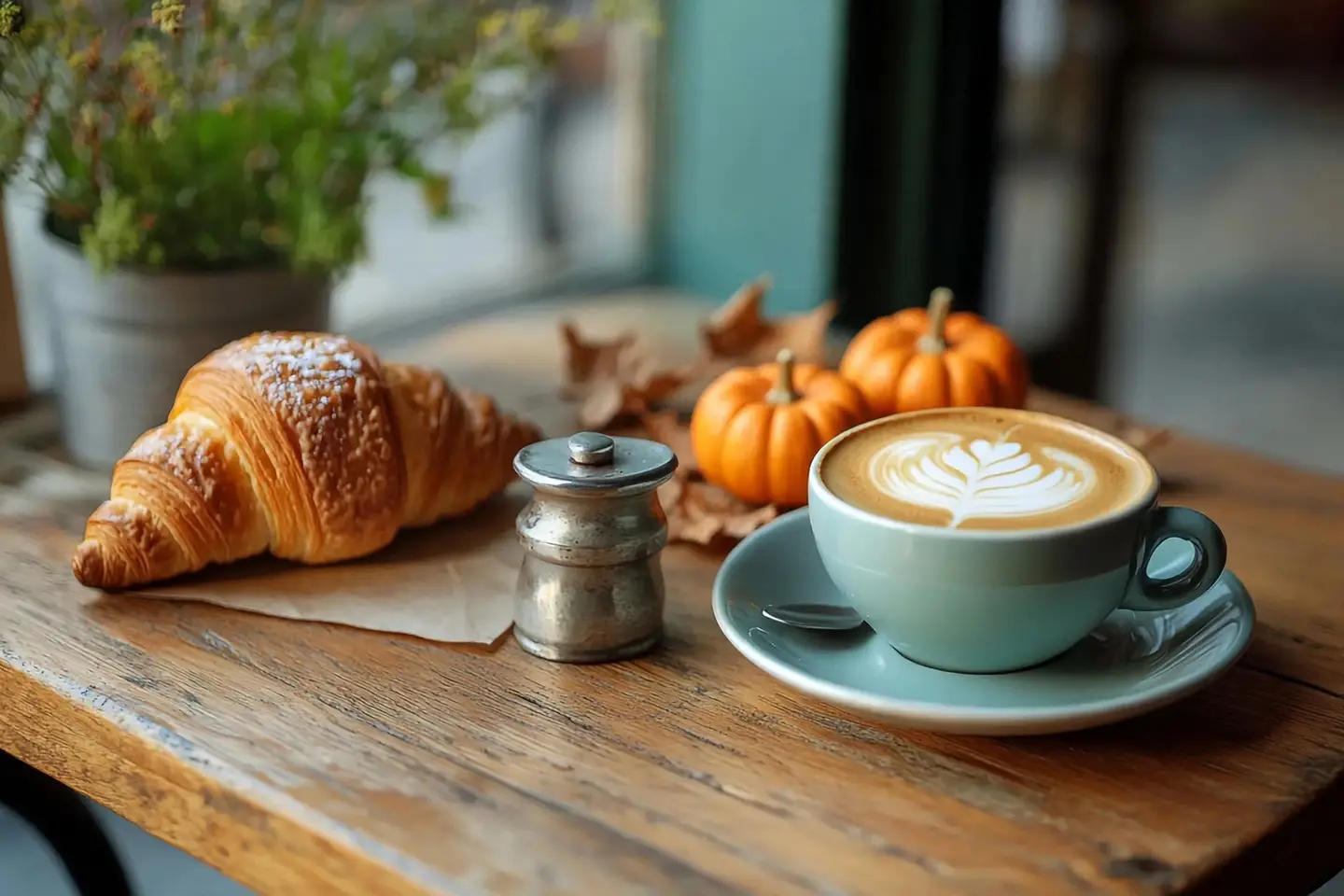 The same table after the edit, with two small orange pumpkins and a few dry leaves behind the cup, and everything else unchanged