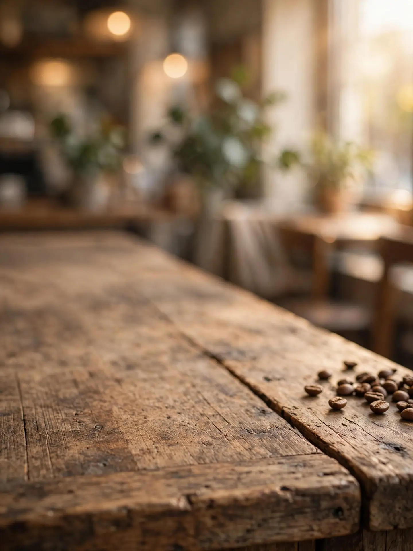 An AI-generated image of an empty, worn wooden counter in the foreground with a few coffee beans at the right edge and a blurred, warmly lit café interior behind it