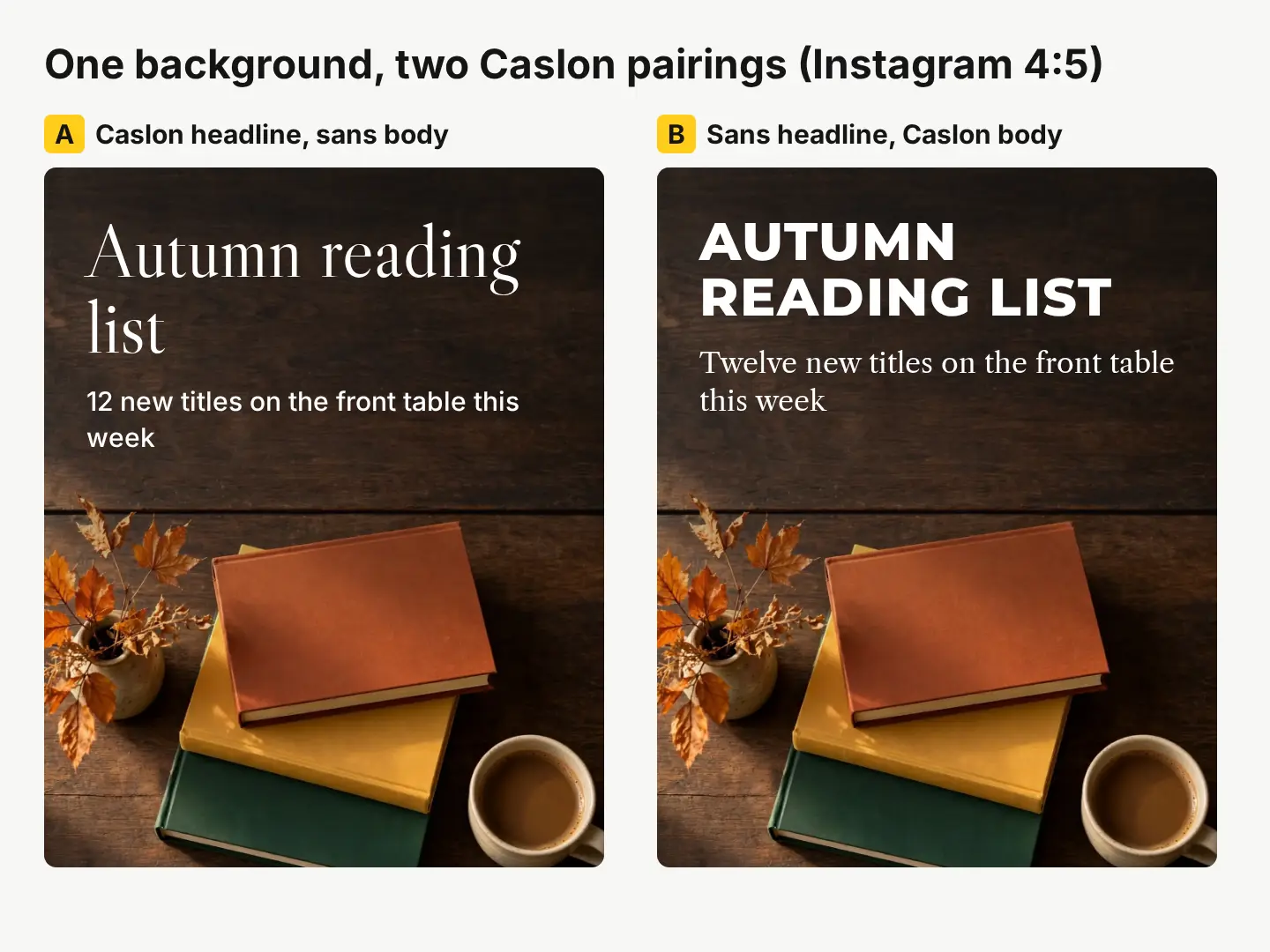 The same AI-generated bookshop background used twice as a 4:5 Instagram post: on the left a Libre Caslon Display headline with an Inter caption, on the right a Montserrat capitals headline with a Libre Caslon Text caption
