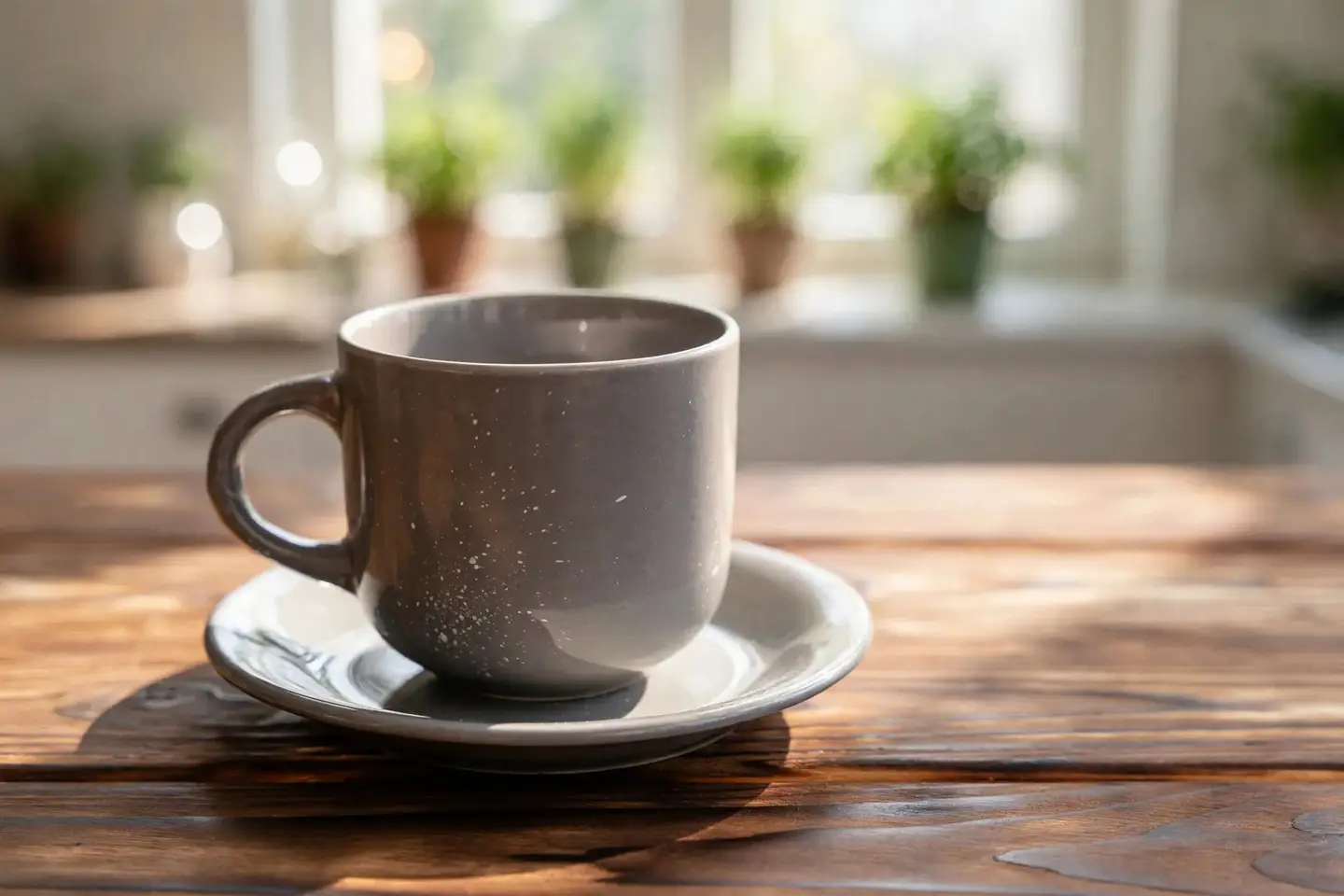 The same gray cup and saucer on the wooden table, now in front of a softly blurred kitchen window with green herbs on the sill