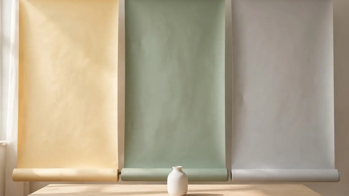A small white ceramic vase on a table in front of rolled paper backdrops in soft yellow, sage green and light gray