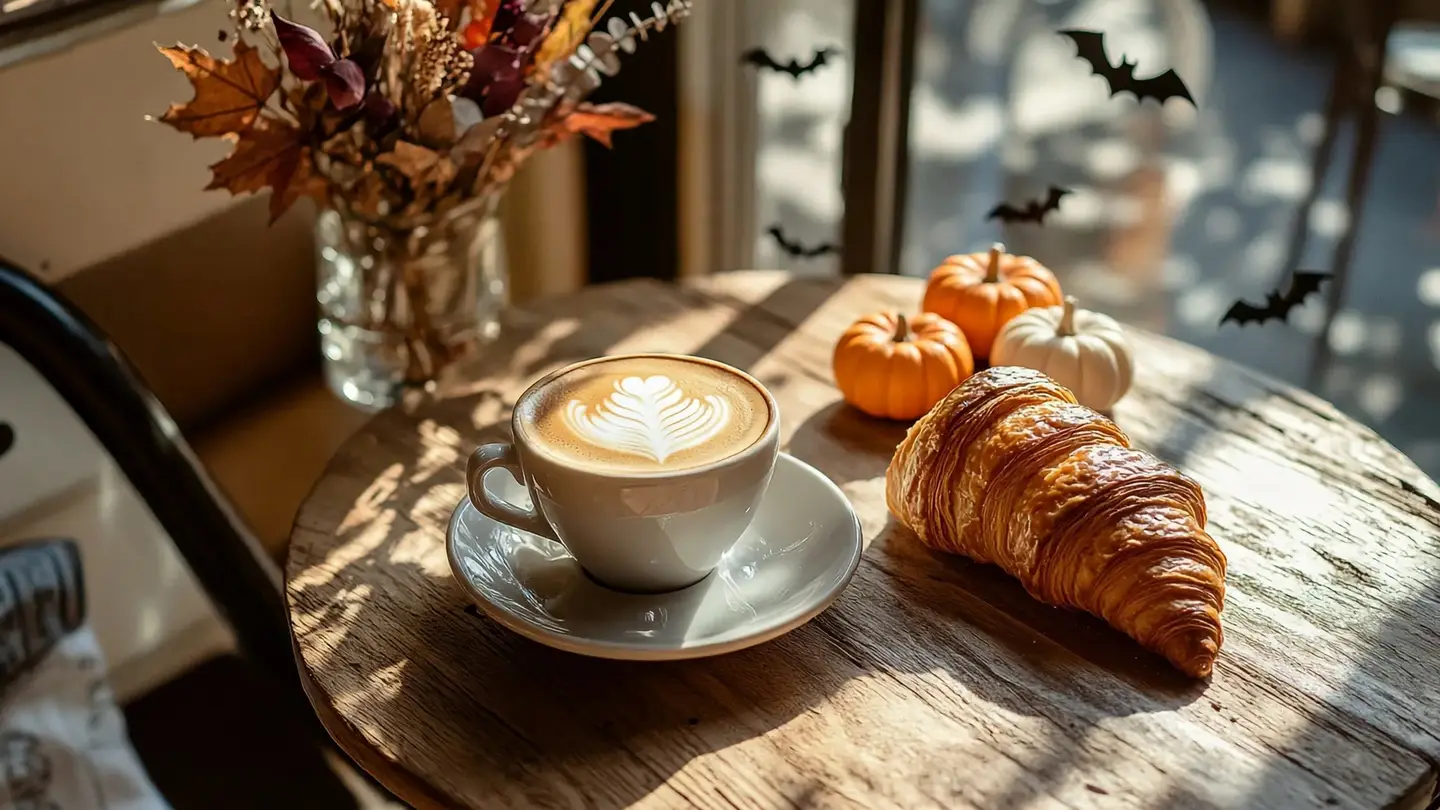 The same café table after the edit: three small pumpkins behind the croissant, dried autumn leaves in the vase and black paper bats on the window