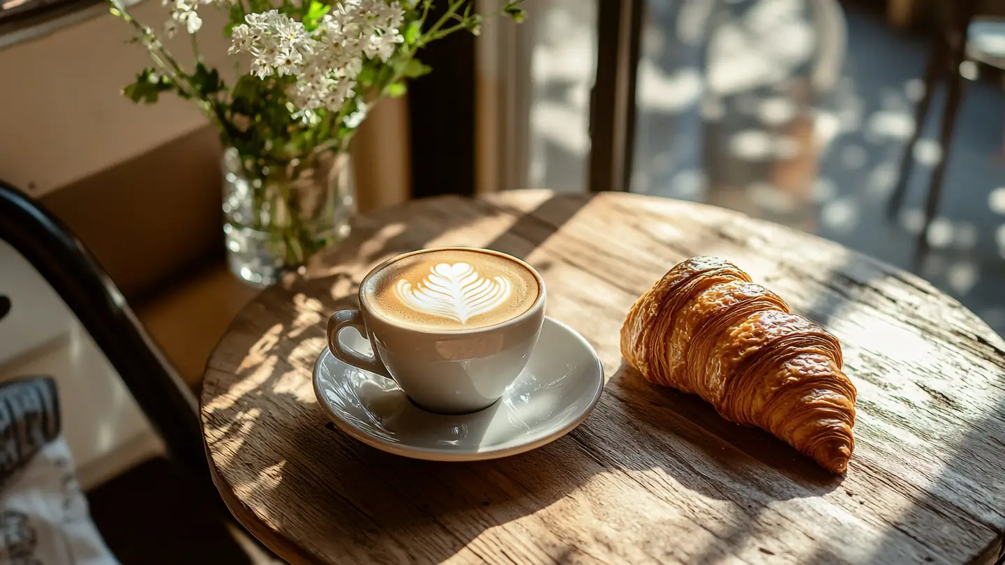 A latte with leaf latte art on a white saucer and a croissant on a round wooden café table in sunlight, with white flowers in a glass vase by the window