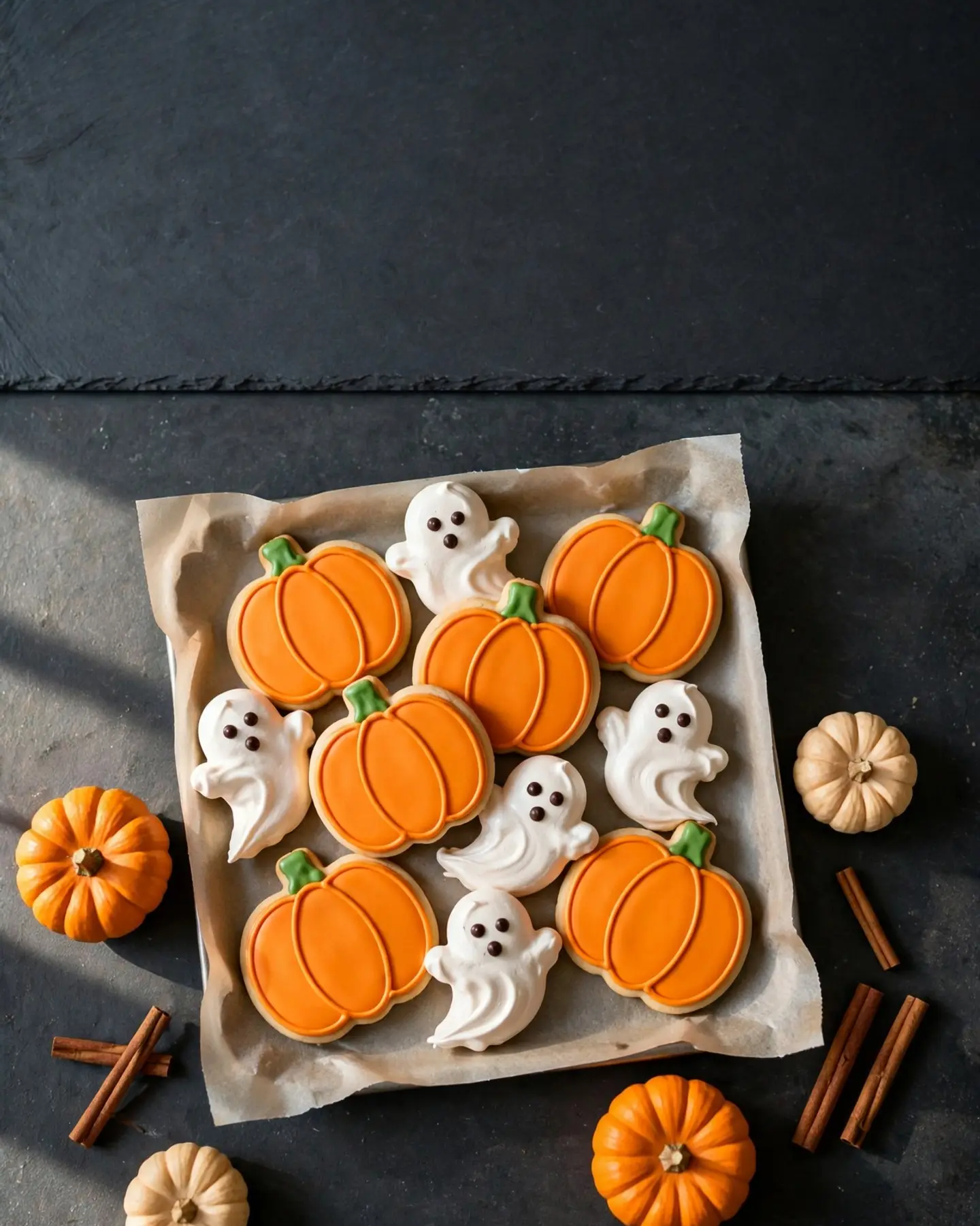 An overhead AI image of pumpkin-shaped sugar cookies with orange icing and ghost-shaped meringues on parchment on a dark slate counter, with small pumpkins and cinnamon sticks around, and an empty dark top third