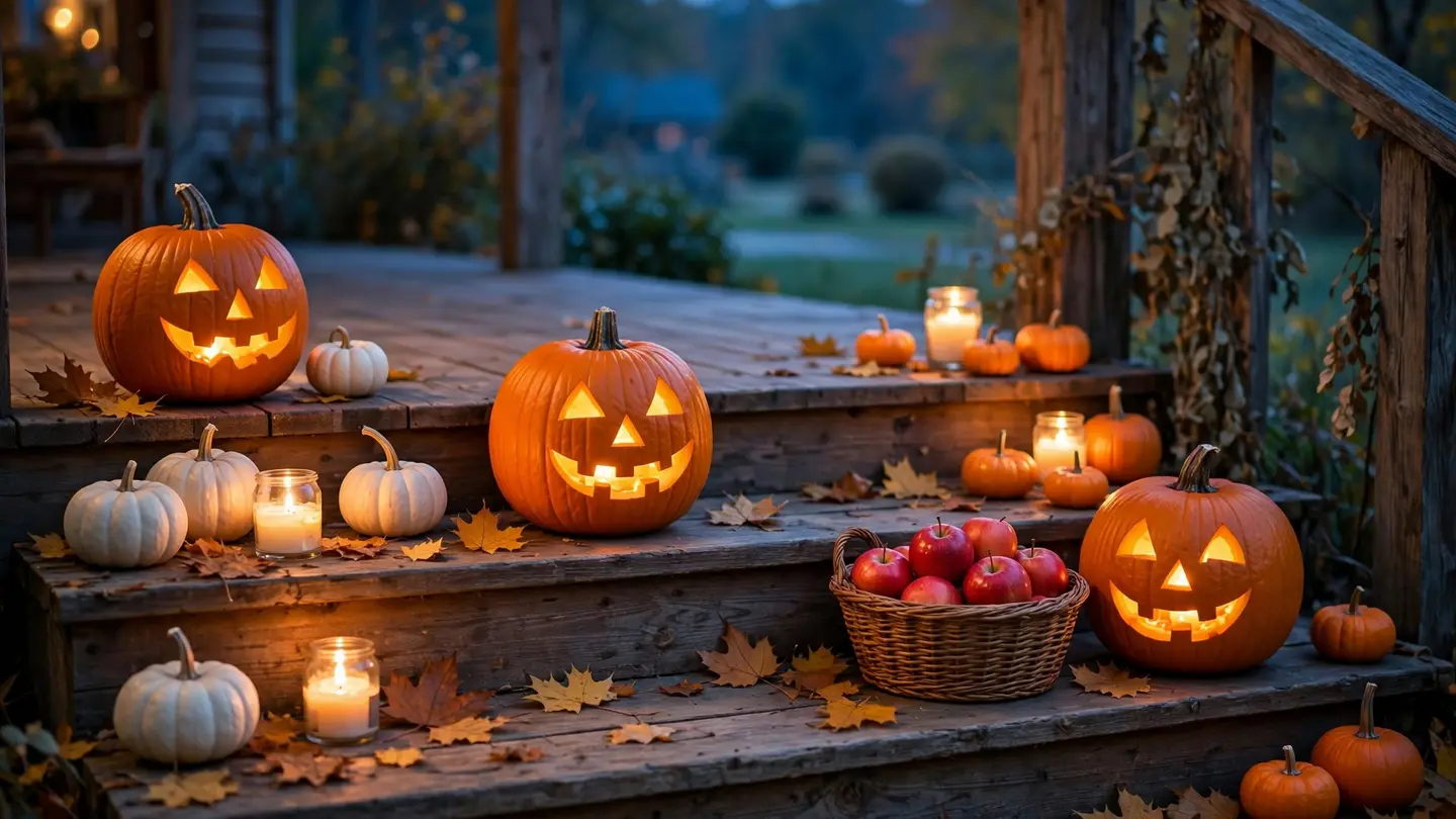 Wooden porch steps at dusk with three glowing carved jack-o'-lanterns, small pumpkins, a basket of apples and candles in jars