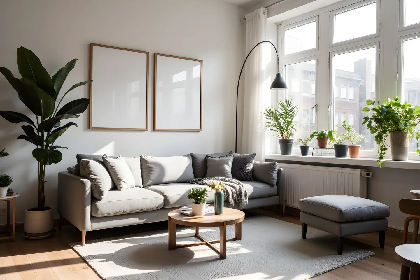 A bright Scandinavian living room with a grey sofa, two empty picture frames on a white wall, a round wooden coffee table, a floor lamp and potted plants on a sunny windowsill