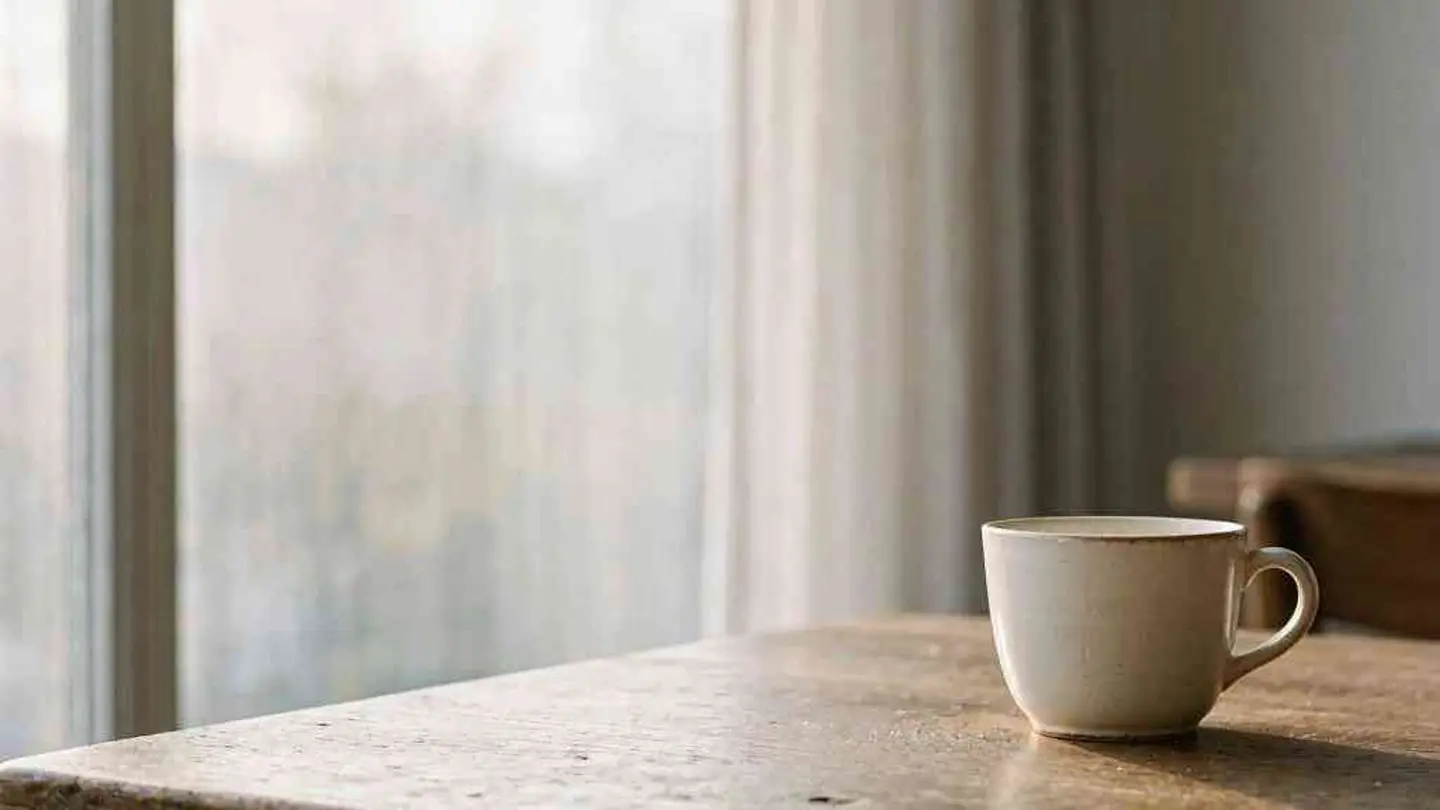 A white ceramic cup on a wooden table beside a bright window with sheer curtains
