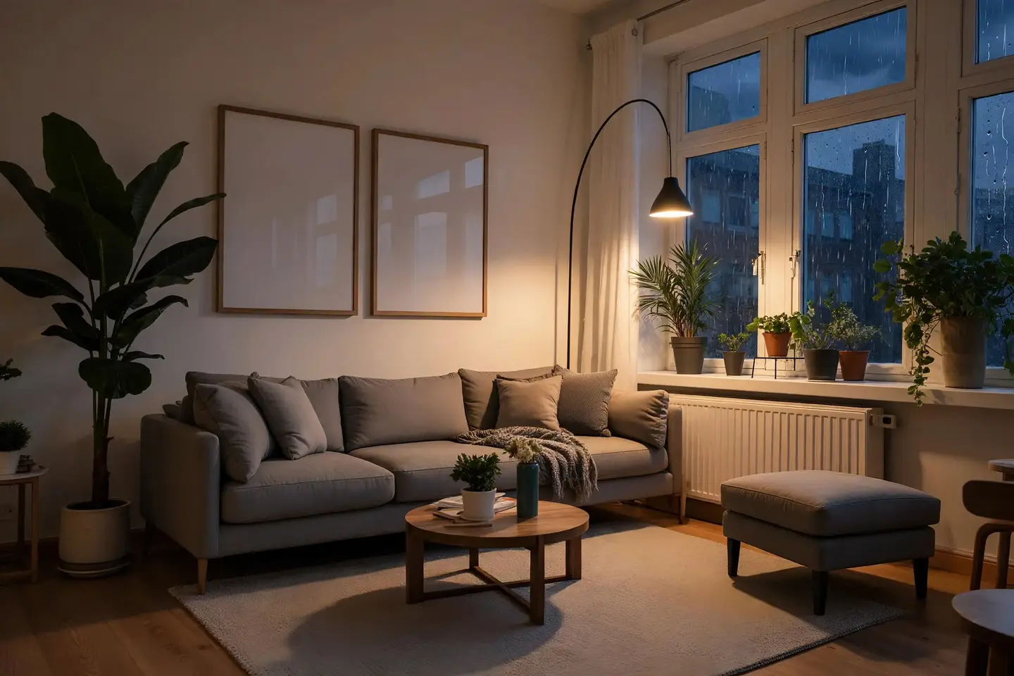 The same living room in the evening: dark blue sky and rain on the windows, the floor lamp lit, warm light on the grey sofa