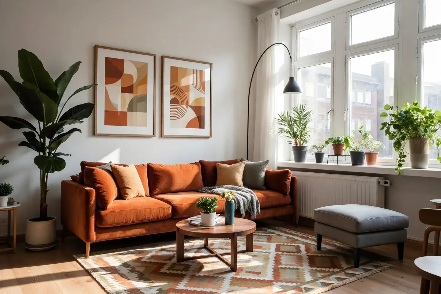 The same living room restyled mid-century: a rust-orange sofa, a walnut coffee table, a patterned rug and abstract prints in the frames, with the same windows and plants