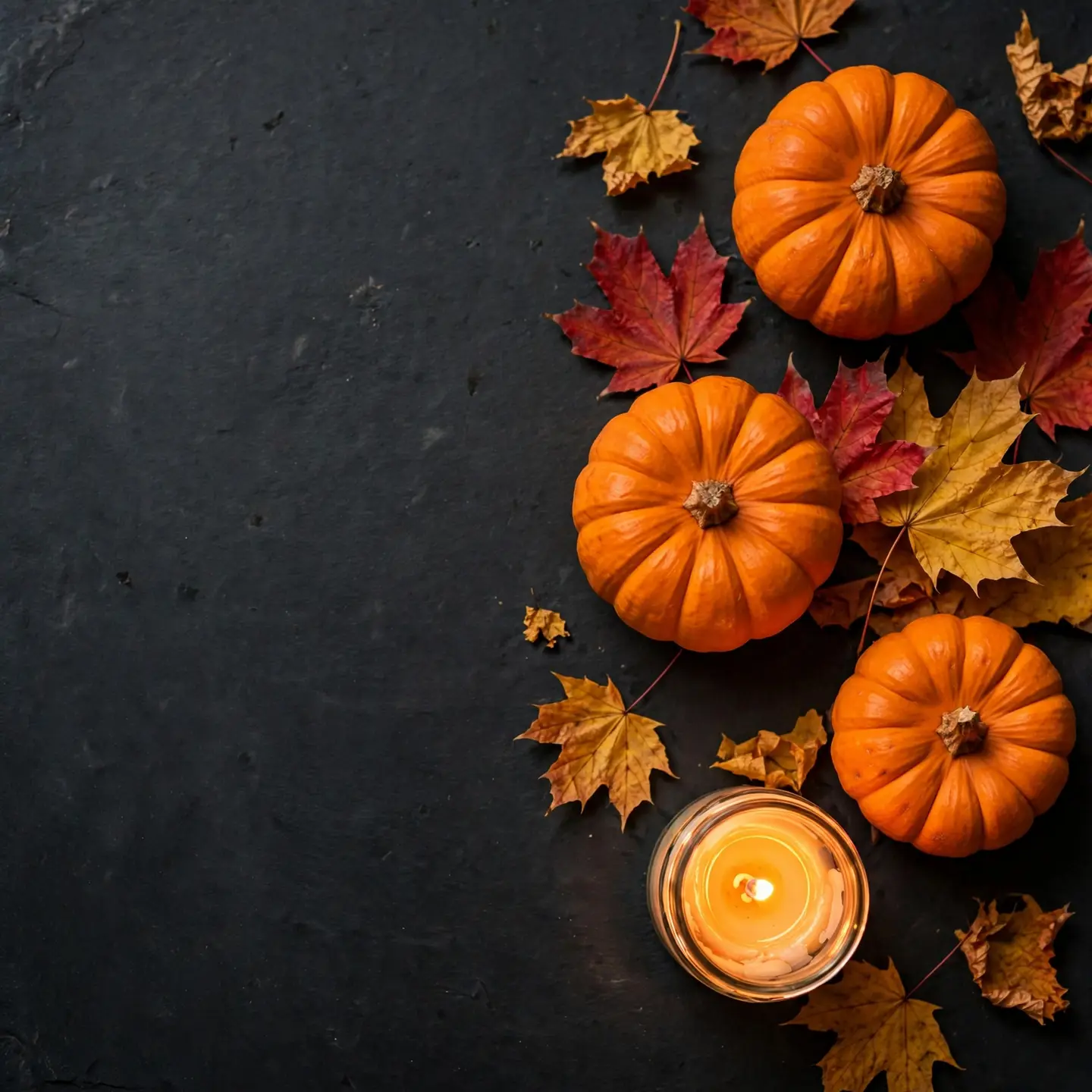 An AI-generated top-down photo-style image of small orange pumpkins, dried maple leaves and a lit candle in a jar on dark slate, with empty space on the left