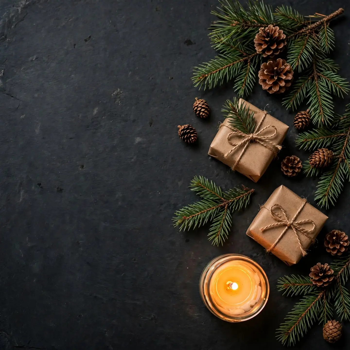 The same AI-generated slate scene edited for December, now with pine branches, pine cones and two small gifts wrapped in brown paper beside the candle