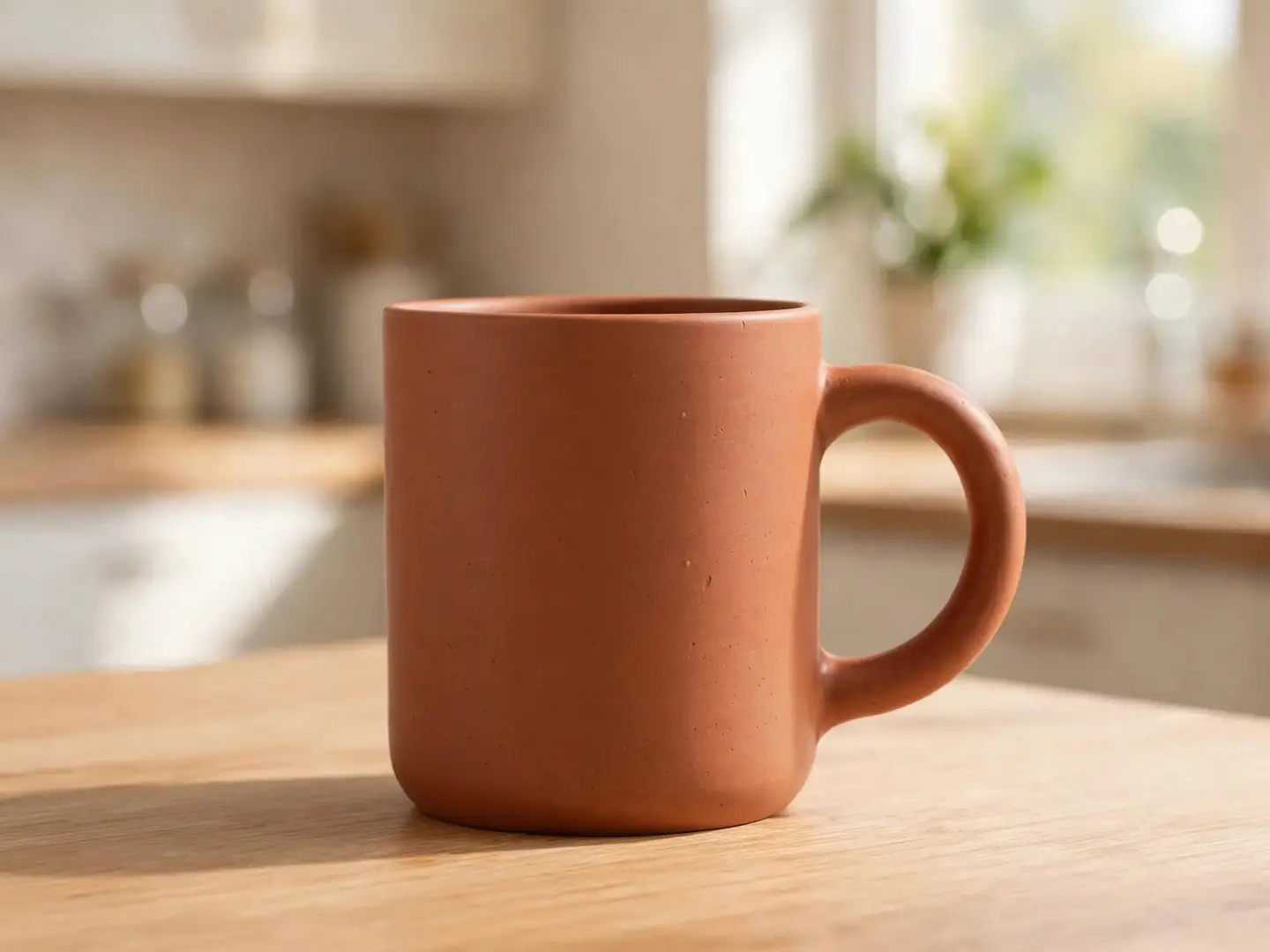 The same terracotta mug, now on a light oak kitchen counter with a blurred sunny kitchen behind it