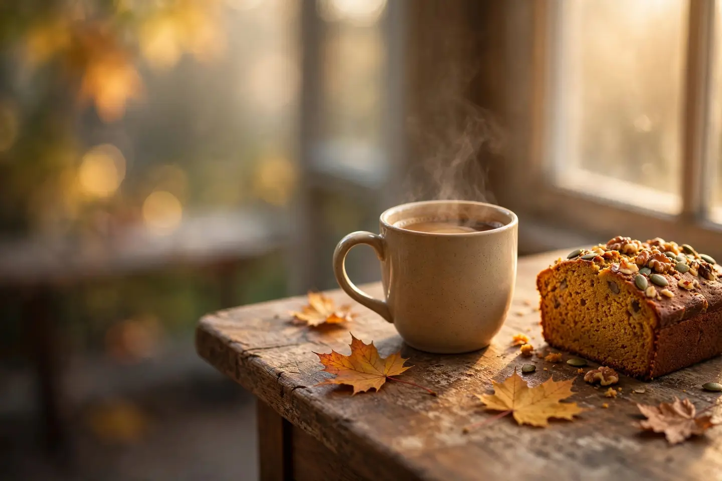 An AI-generated image of a coffee mug and a slice of pumpkin loaf on a wooden café table in autumn morning light
