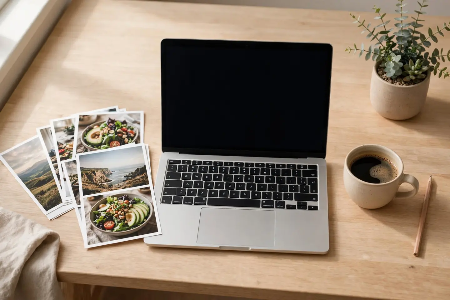 An AI illustration of a tidy designer's desk with printed photos, a laptop and a cup of coffee in soft daylight
