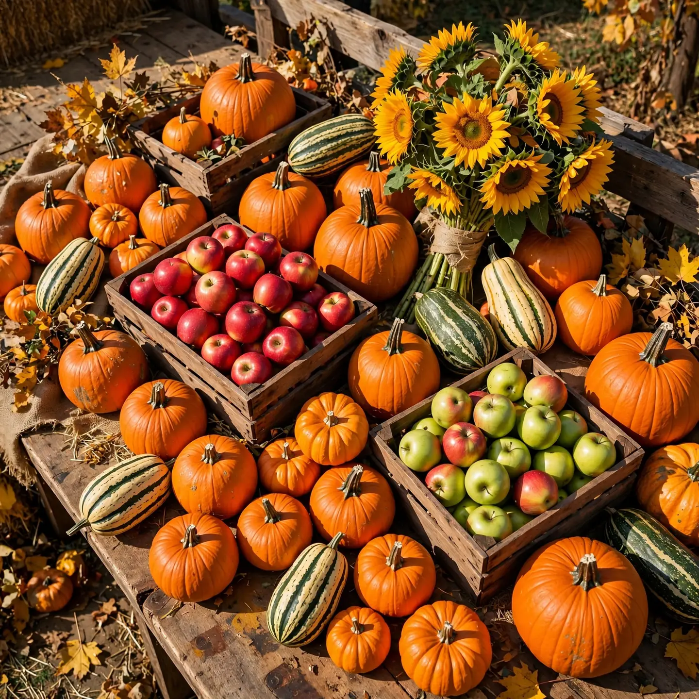 The original AI image of a crowded autumn farm stand with pumpkins, apples, squash and a bunch of sunflowers filling the whole frame