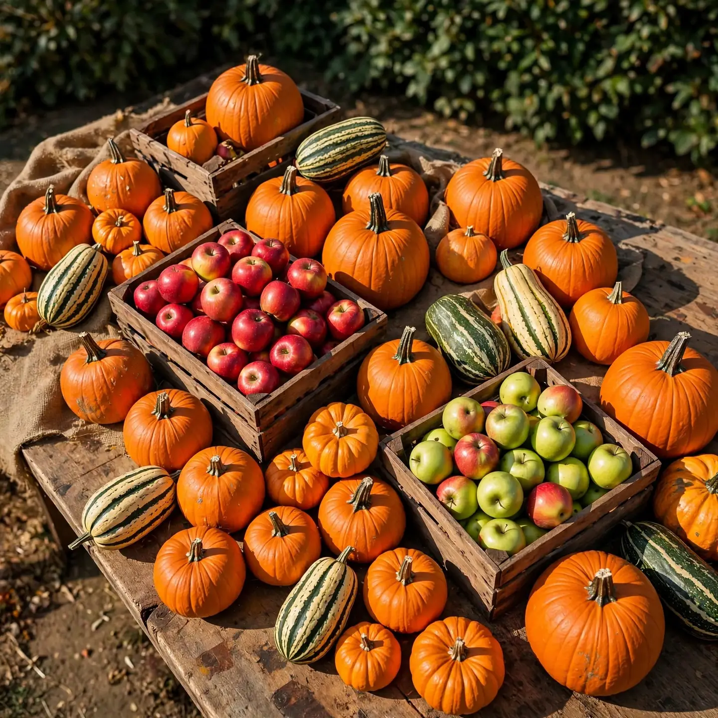 The same farm stand after Edit by prompt: the sunflowers and leaves at the top are gone, replaced by a plain dark green hedge, and the produce below is unchanged