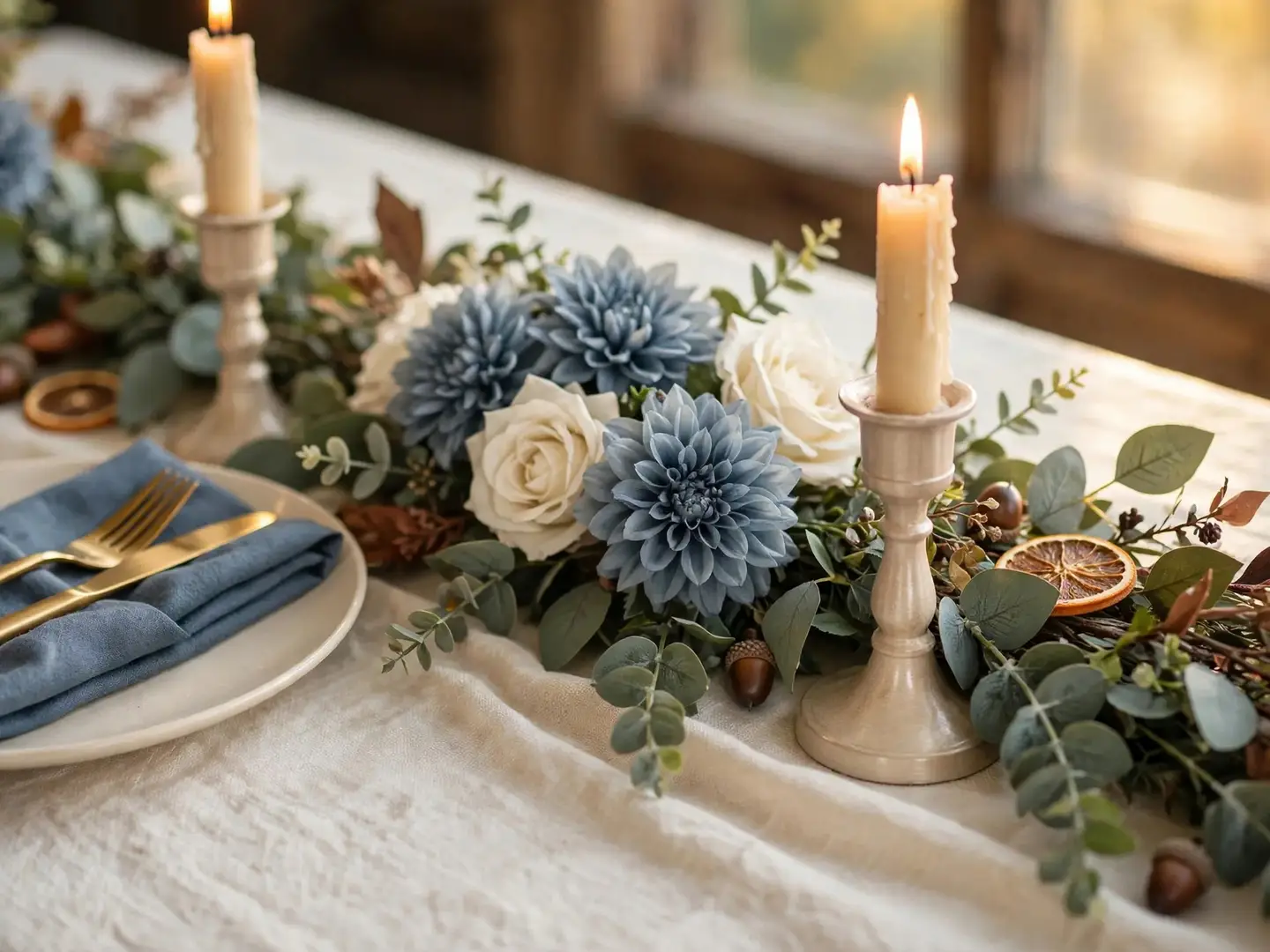 The same AI-generated wedding table edited to dusty blue: pale blue dahlias and ivory roses, a slate blue napkin and pale champagne candle holders