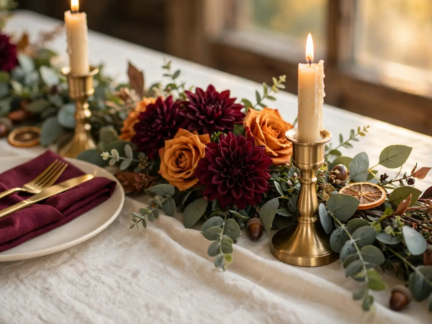 An AI-generated wedding table in a fall palette: burgundy dahlias and orange roses on a cream linen cloth, eucalyptus, brass candle holders and a burgundy napkin with gold cutlery