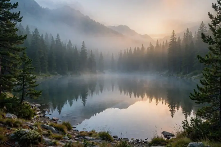 A misty mountain lake with pine trees, after editing