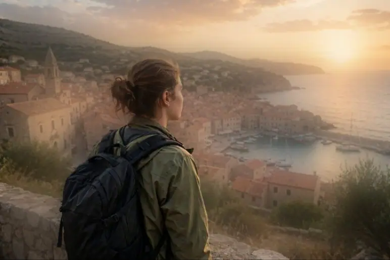 A traveler looking over a harbor town at sunset, edited with Portrait blur