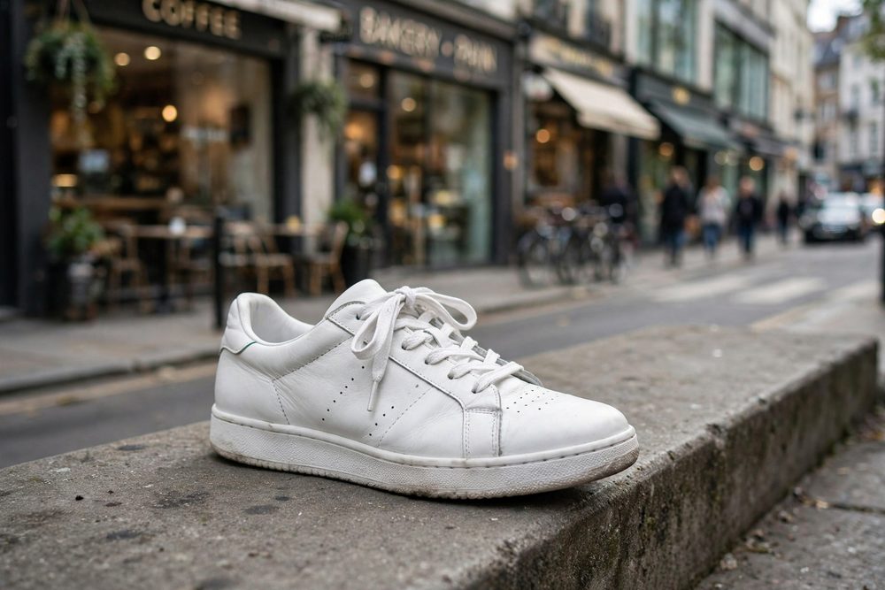 A white leather sneaker, original photo