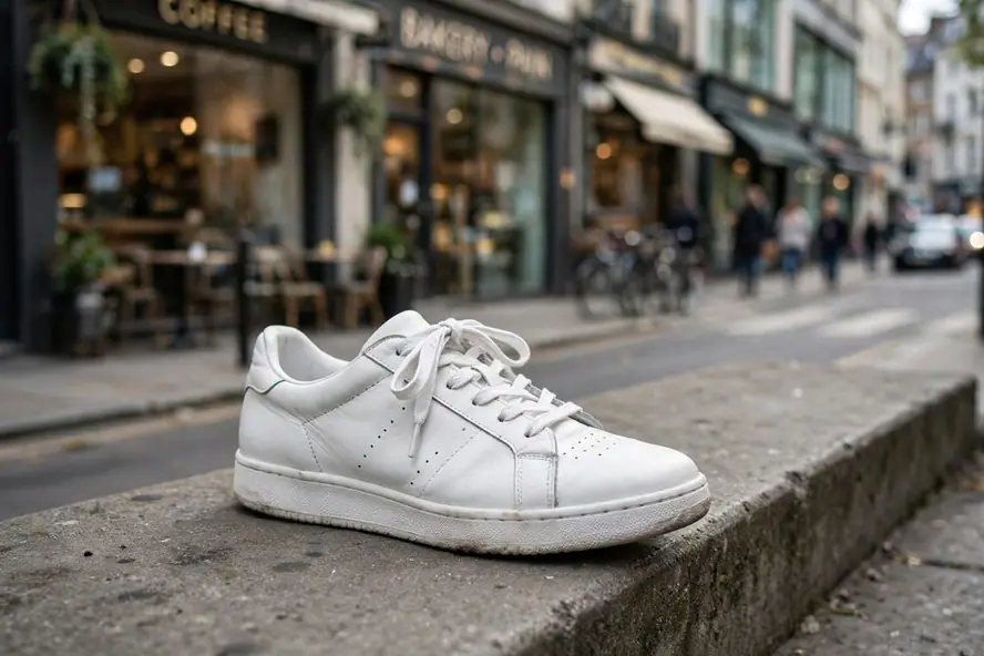 A white leather sneaker, original photo