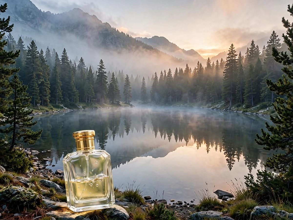 A glass perfume bottle on a new background