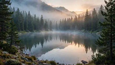 A misty mountain lake, cropped to 16:9