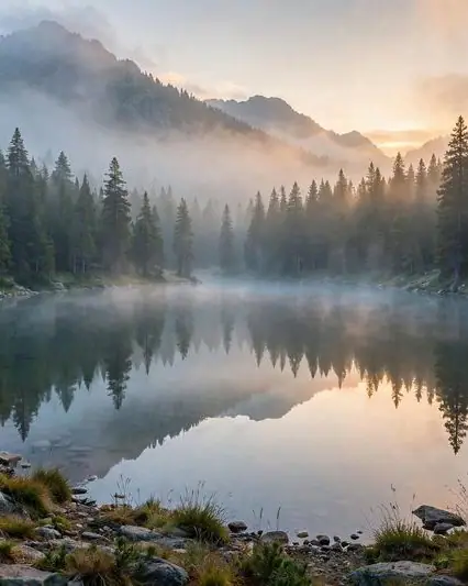 A misty mountain lake, cropped to 4:5