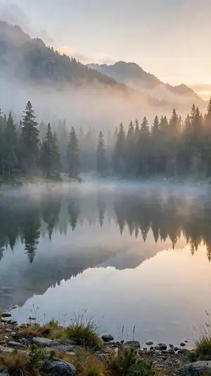 A misty mountain lake, cropped to 9:16