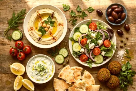 A table of mezze dishes with the Retro 70s filter, after editing