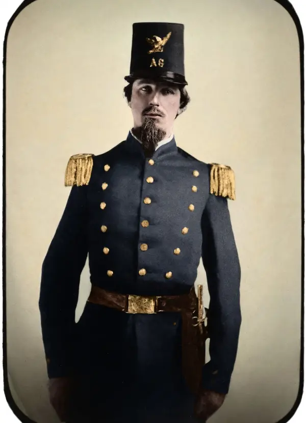 A soldier in a militia uniform and tall hat, restored with vintage color