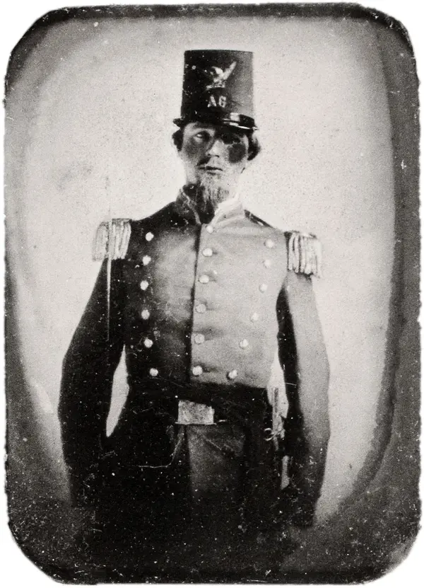 A soldier in a militia uniform and tall hat, the damaged original
