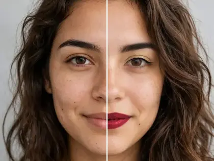 A woman's face, half bare and half wearing a red lip and winged liner